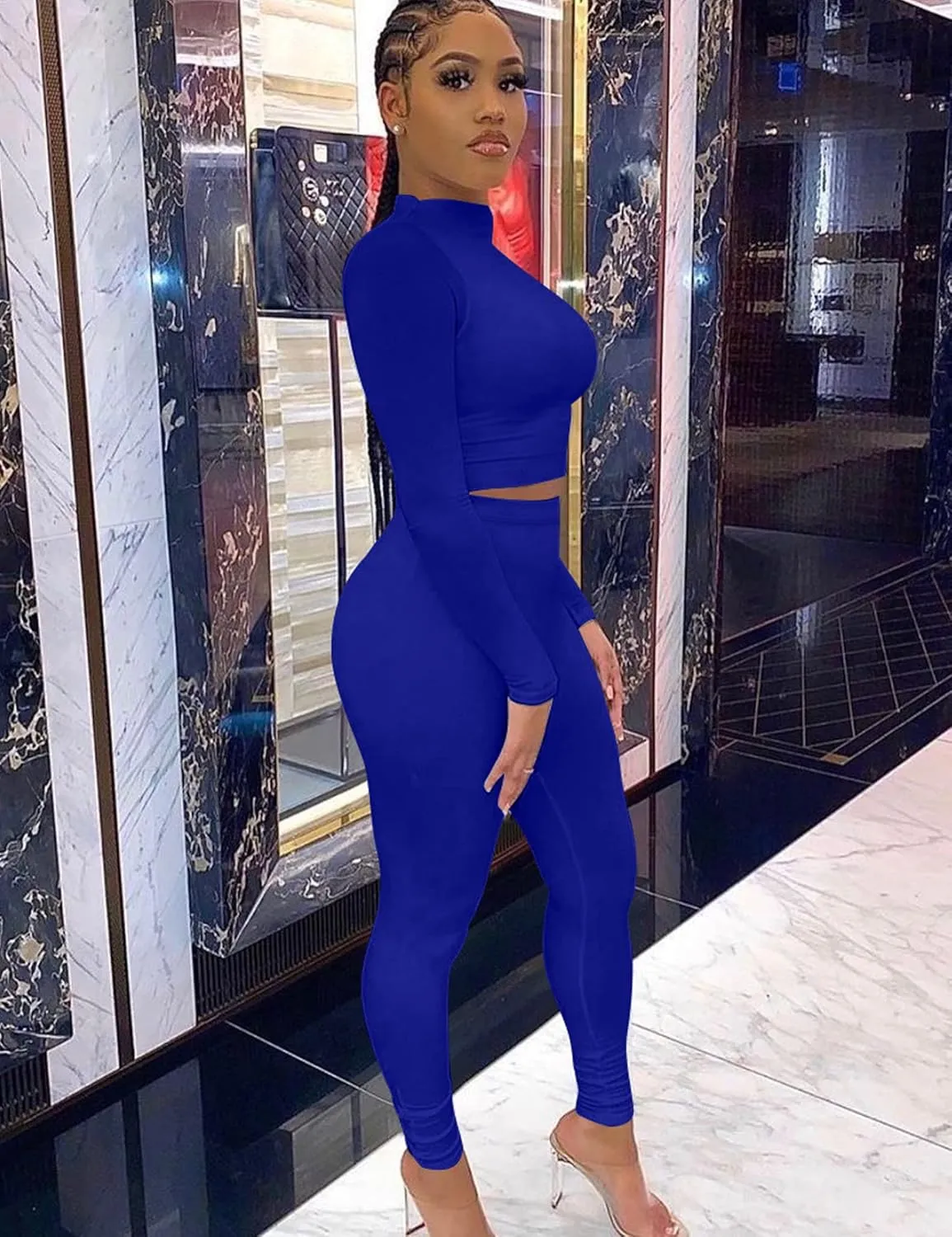 Kaximil Women's Workout Tracksuit 2 Piece Outfits Long Sleeve Crop Top High Waist Legging Pants Set