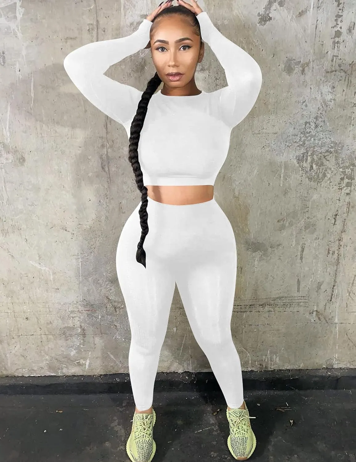 Kaximil Women's Workout Tracksuit 2 Piece Outfits Long Sleeve Crop Top High Waist Legging Pants Set