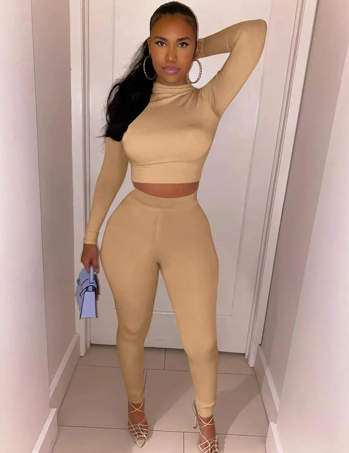 Kaximil Women's Workout Tracksuit 2 Piece Outfits Long Sleeve Crop Top High Waist Legging Pants Set