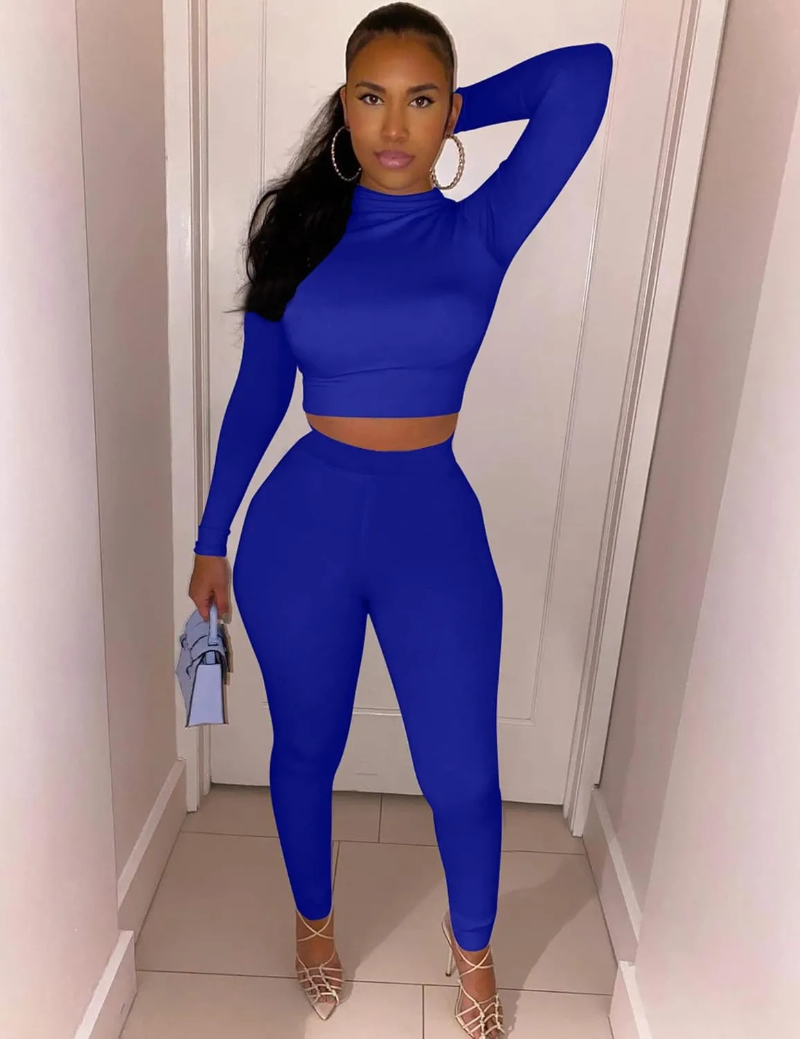 Kaximil Women's Workout Tracksuit 2 Piece Outfits Long Sleeve Crop Top High Waist Legging Pants Set