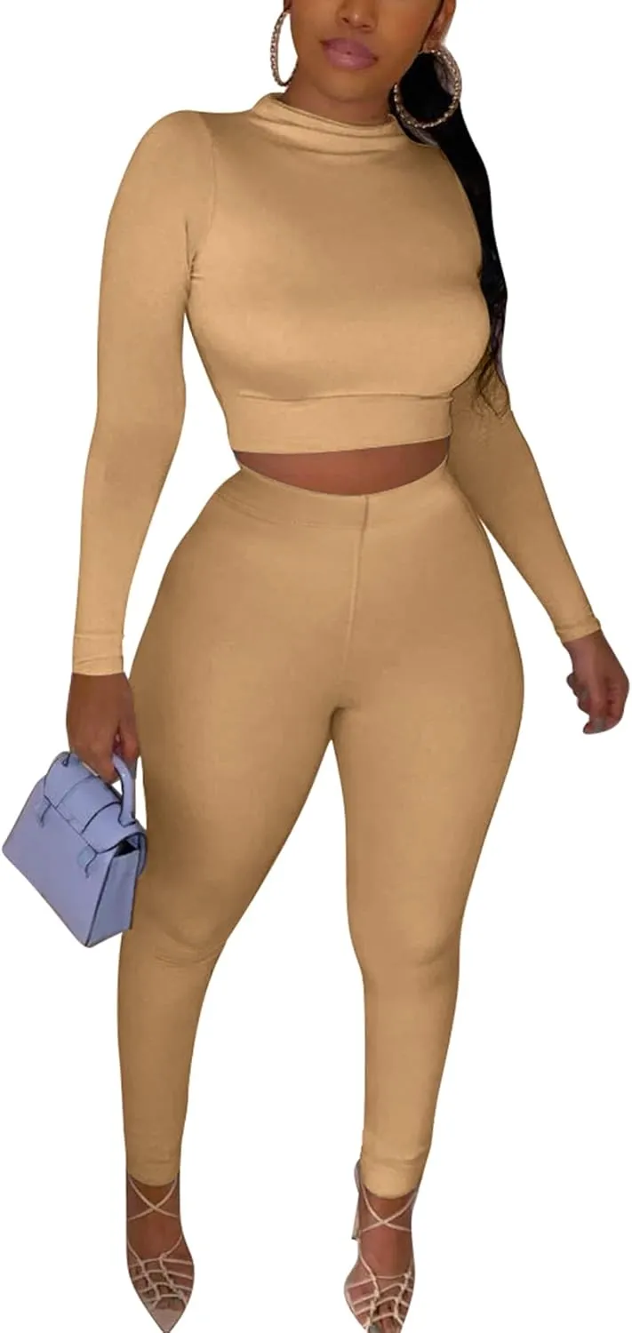 Kaximil Women's Workout Tracksuit 2 Piece Outfits Long Sleeve Crop Top High Waist Legging Pants Set