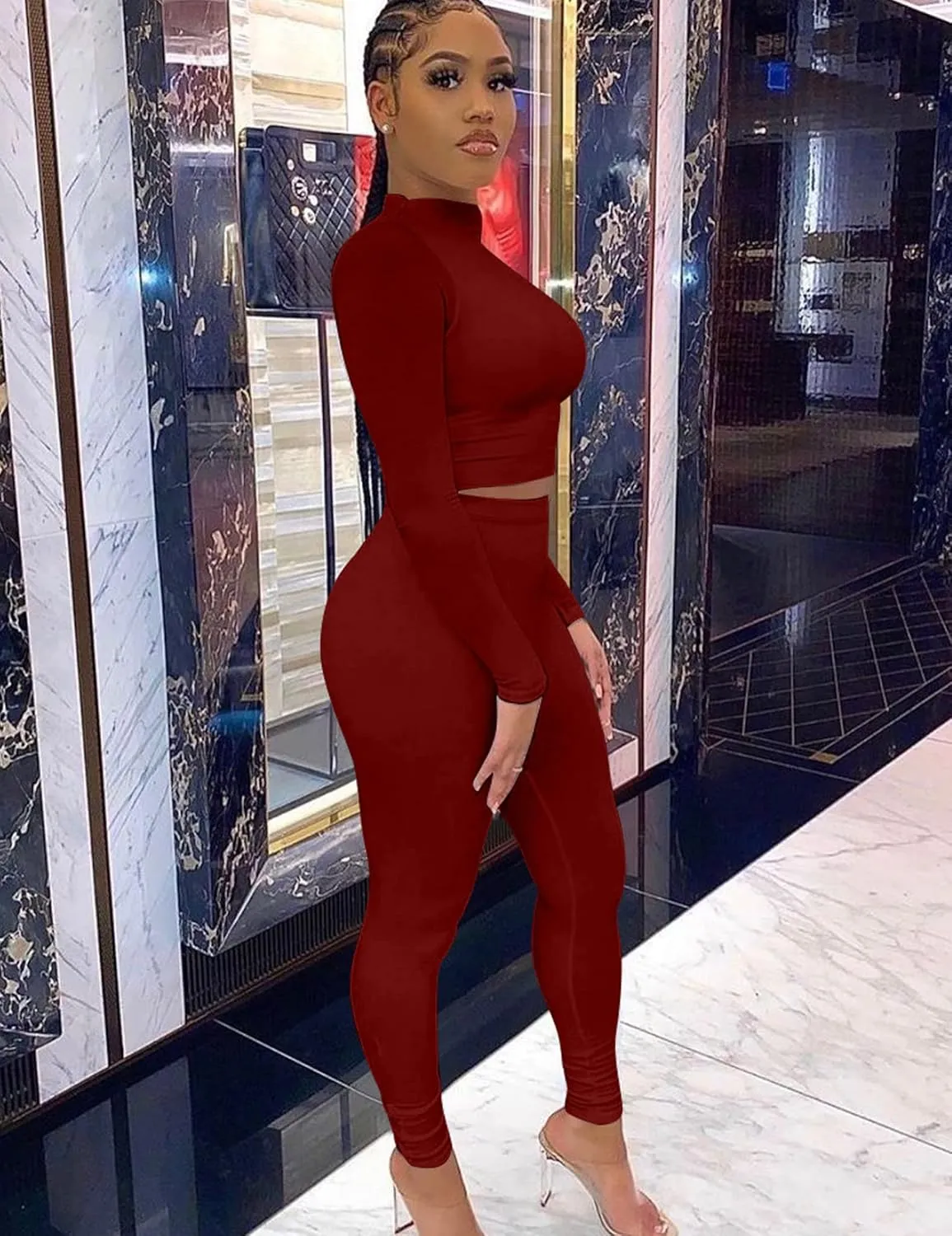 Kaximil Women's Workout Tracksuit 2 Piece Outfits Long Sleeve Crop Top High Waist Legging Pants Set