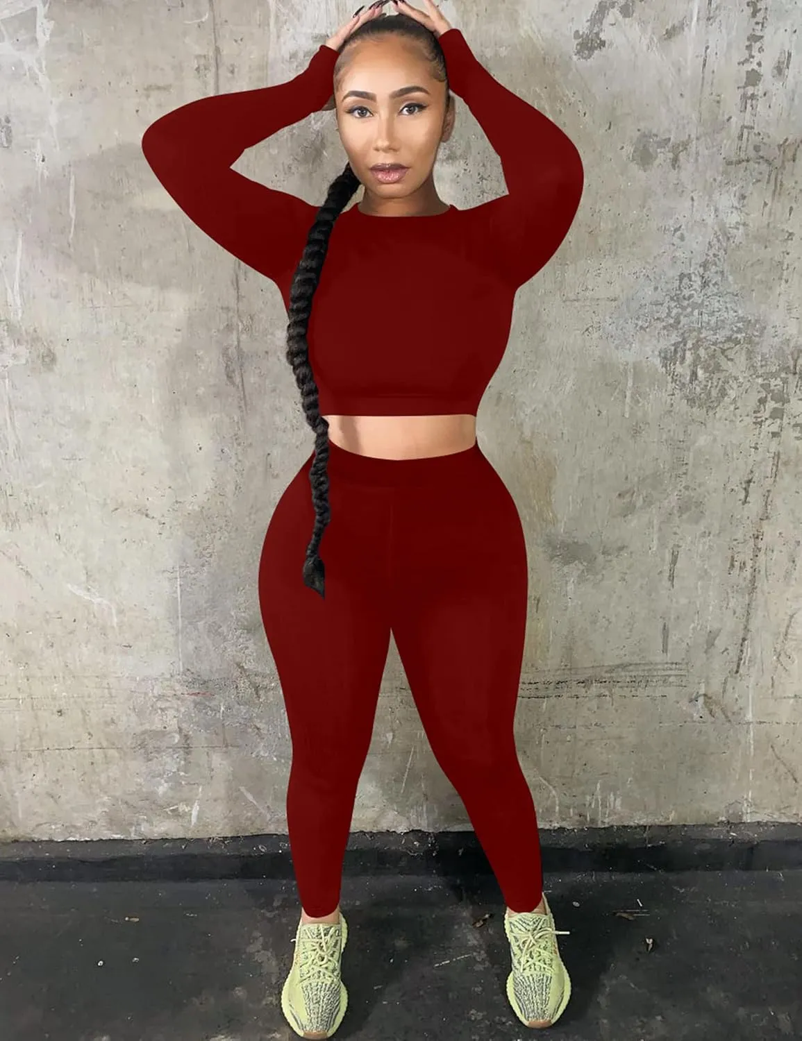 Kaximil Women's Workout Tracksuit 2 Piece Outfits Long Sleeve Crop Top High Waist Legging Pants Set