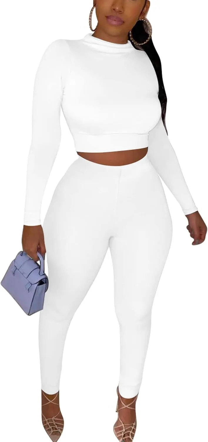 Kaximil Women's Workout Tracksuit 2 Piece Outfits Long Sleeve Crop Top High Waist Legging Pants Set