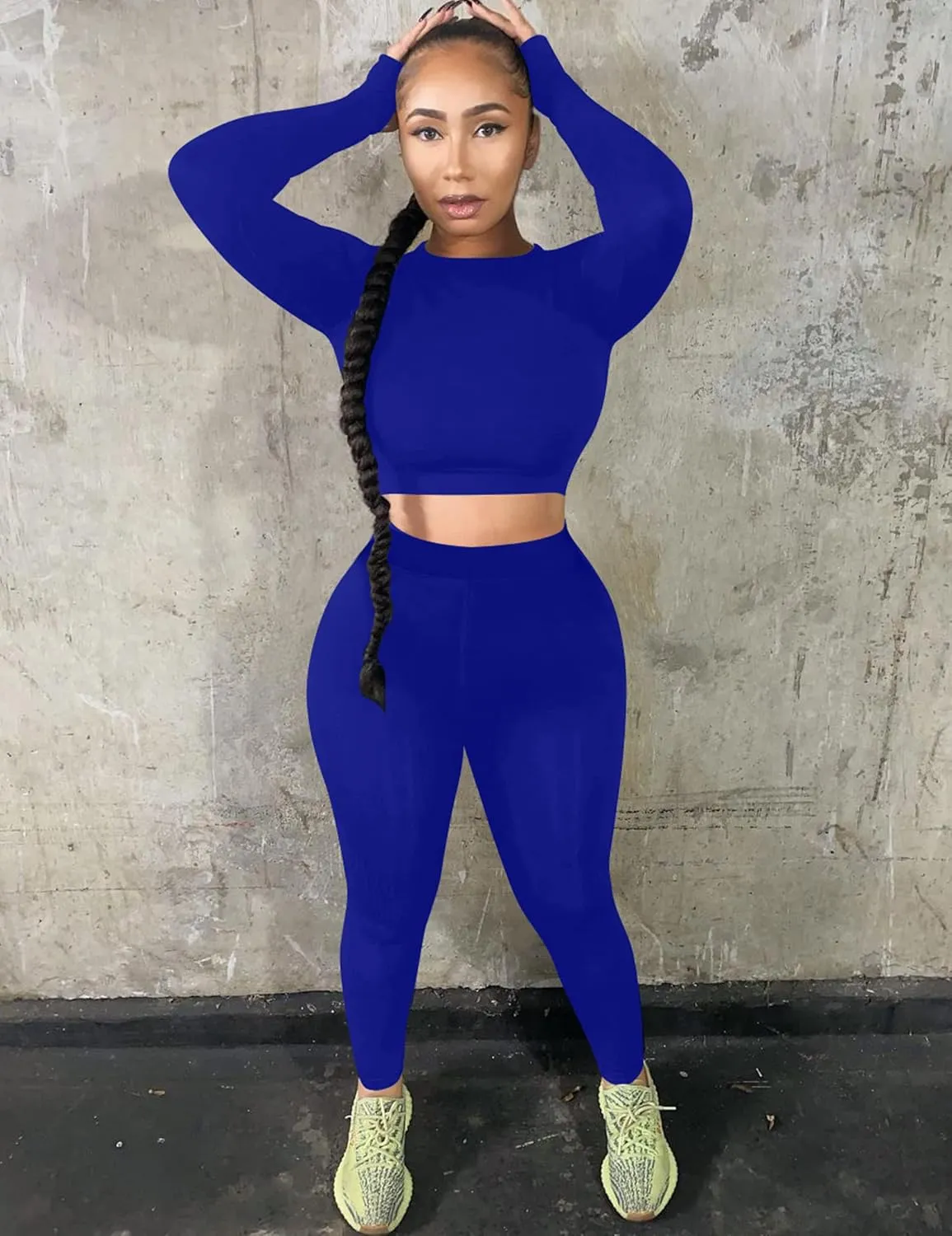 Kaximil Women's Workout Tracksuit 2 Piece Outfits Long Sleeve Crop Top High Waist Legging Pants Set