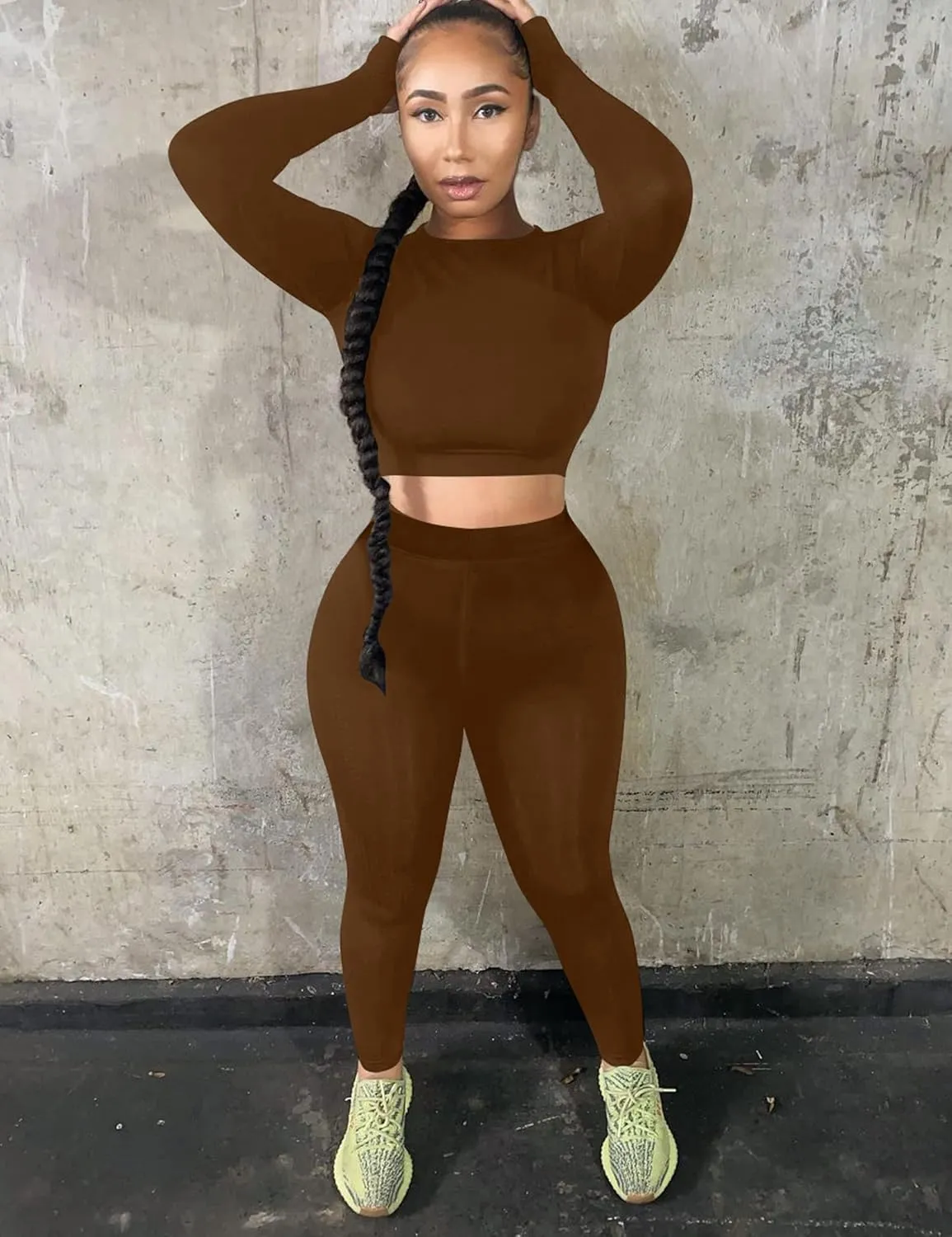 Kaximil Women's Workout Tracksuit 2 Piece Outfits Long Sleeve Crop Top High Waist Legging Pants Set