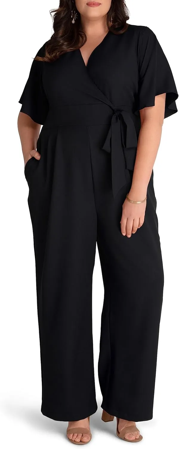 Kiyonna Plus Size Charisma Crepe Wide-Leg Jumpsuit with Sleeves for Women | Work, Cocktail, and Formal Events