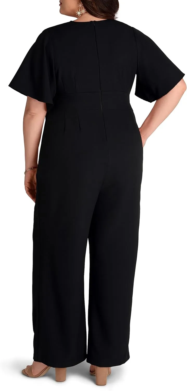 Kiyonna Plus Size Charisma Crepe Wide-Leg Jumpsuit with Sleeves for Women | Work, Cocktail, and Formal Events