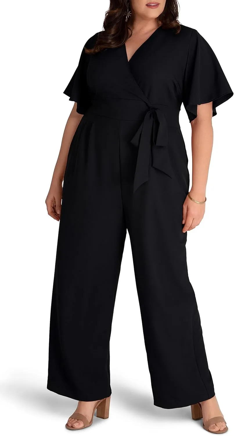 Kiyonna Plus Size Charisma Crepe Wide-Leg Jumpsuit with Sleeves for Women | Work, Cocktail, and Formal Events