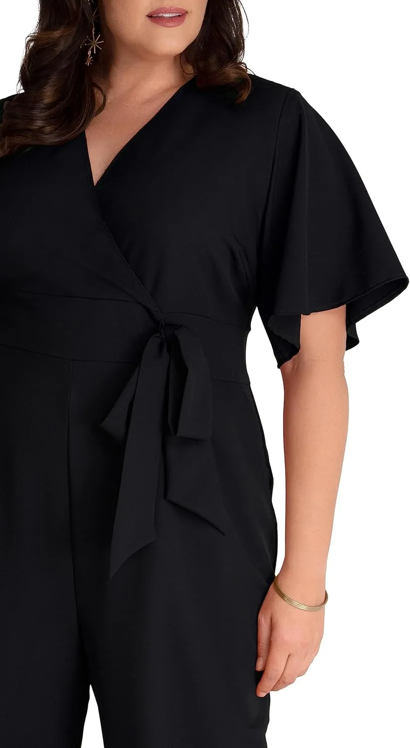 Kiyonna Plus Size Charisma Crepe Wide-Leg Jumpsuit with Sleeves for Women | Work, Cocktail, and Formal Events