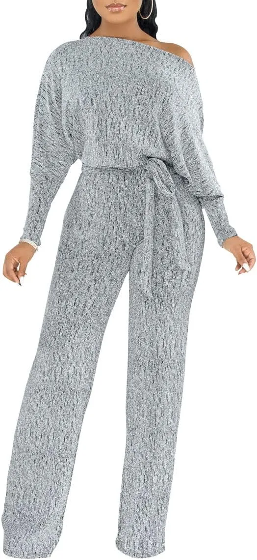 LaiyiVic Jumpsuits for Women off the Shoulder Elegant Long Sleeve Sparkly Straight Long Pants Rompers