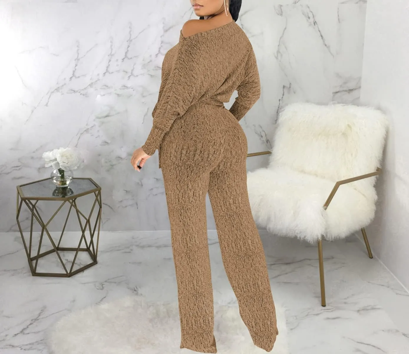 LaiyiVic Jumpsuits for Women off the Shoulder Elegant Long Sleeve Sparkly Straight Long Pants Rompers