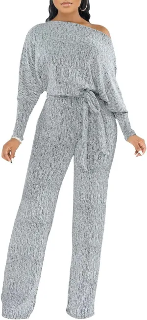 LaiyiVic Jumpsuits for Women off the Shoulder Elegant Long Sleeve Sparkly Straight Long Pants Rompers
