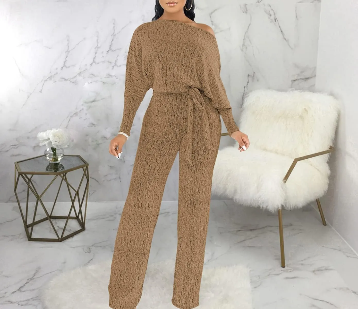 LaiyiVic Jumpsuits for Women off the Shoulder Elegant Long Sleeve Sparkly Straight Long Pants Rompers
