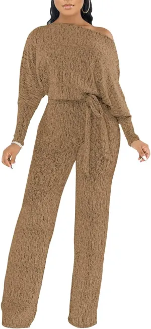 LaiyiVic Jumpsuits for Women off the Shoulder Elegant Long Sleeve Sparkly Straight Long Pants Rompers