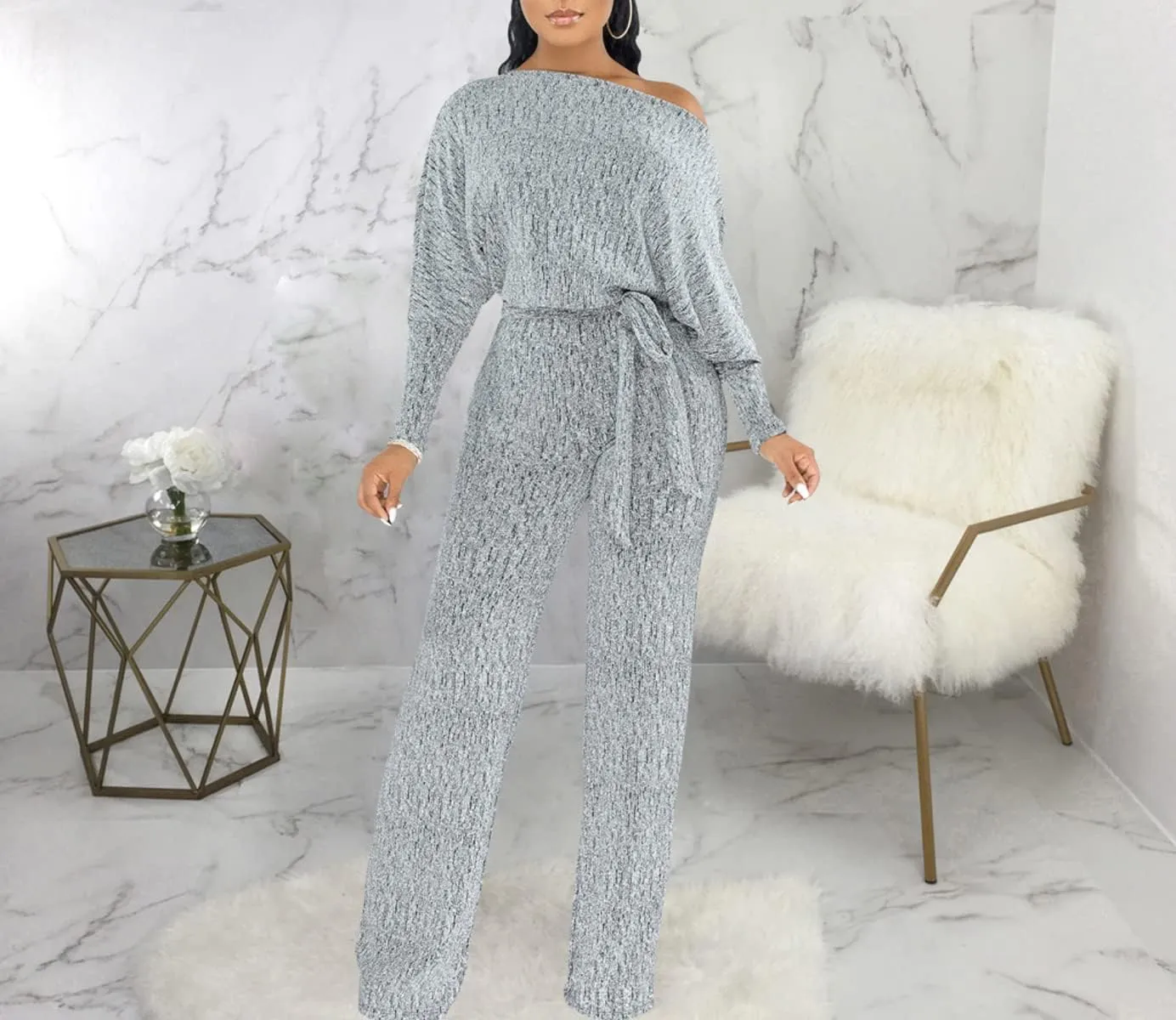 LaiyiVic Jumpsuits for Women off the Shoulder Elegant Long Sleeve Sparkly Straight Long Pants Rompers
