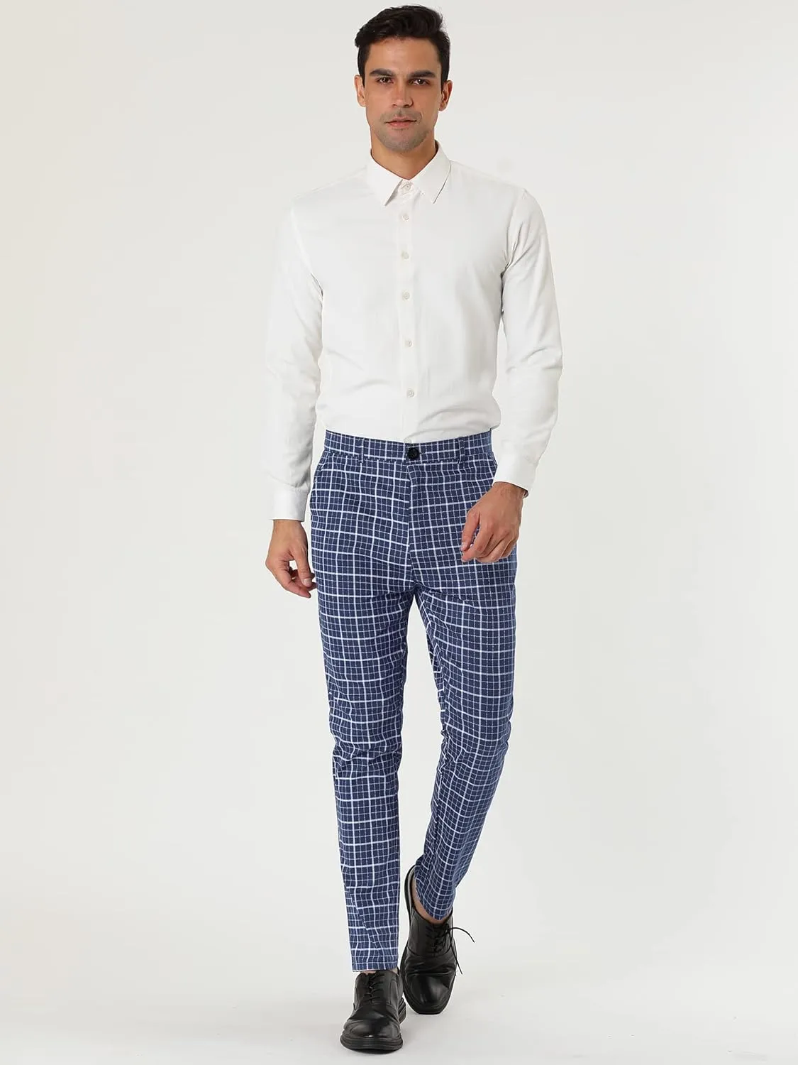 Lars Amadeus Men's Business Pants Checked Printed Slim Fit Flat Front Plaid Dress Trousers