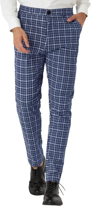 Lars Amadeus Men's Business Pants Checked Printed Slim Fit Flat Front Plaid Dress Trousers