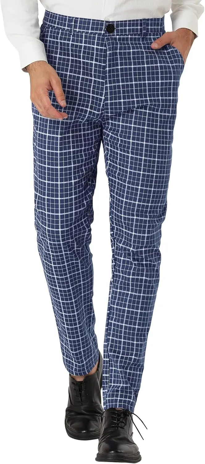 Lars Amadeus Men's Business Pants Checked Printed Slim Fit Flat Front Plaid Dress Trousers