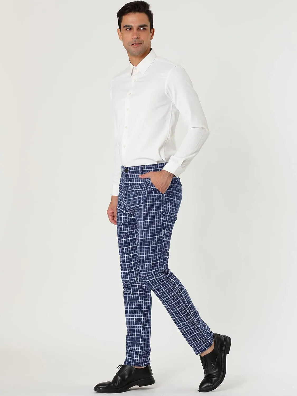 Lars Amadeus Men's Business Pants Checked Printed Slim Fit Flat Front Plaid Dress Trousers