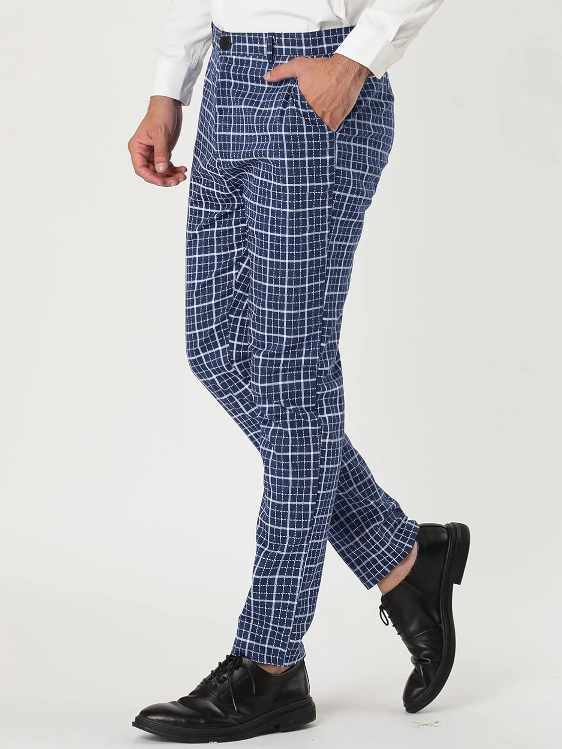 Lars Amadeus Men's Business Pants Checked Printed Slim Fit Flat Front Plaid Dress Trousers