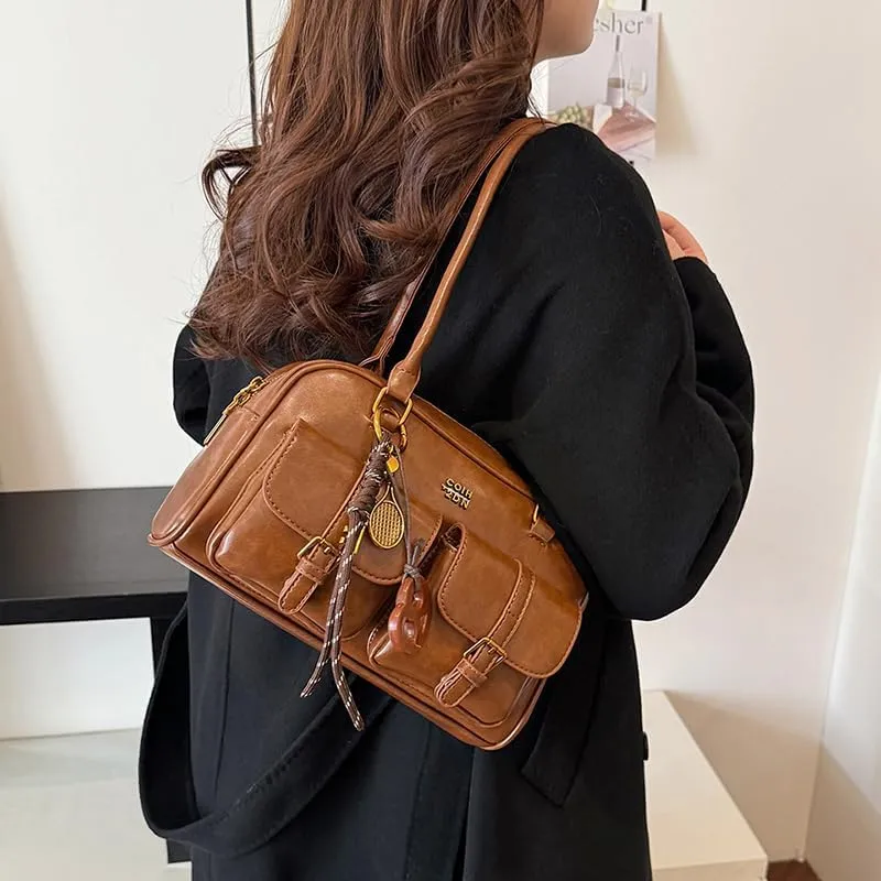 Leather Shoulder Bag Vintage Bag Y2k Purse Retro Women's Top-handle Handbags Multi Pocket Satchel Purse Trendy Underarm