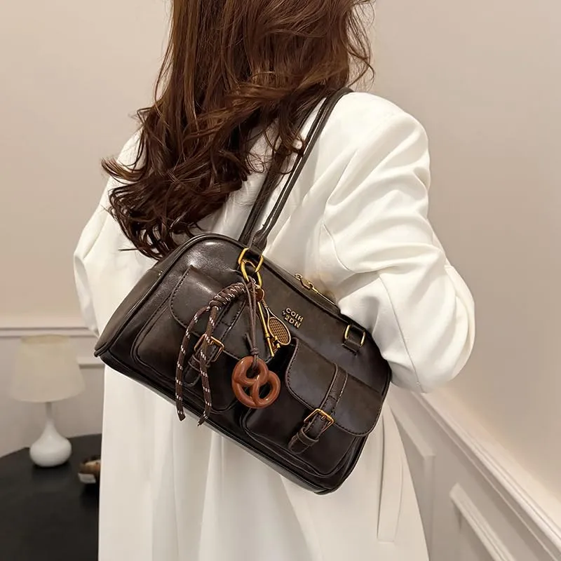 Leather Shoulder Bag Vintage Bag Y2k Purse Retro Women's Top-handle Handbags Multi Pocket Satchel Purse Trendy Underarm