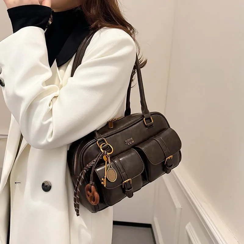 Leather Shoulder Bag Vintage Bag Y2k Purse Retro Women's Top-handle Handbags Multi Pocket Satchel Purse Trendy Underarm