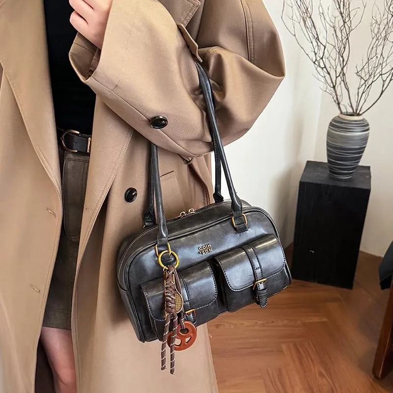 Leather Shoulder Bag Vintage Bag Y2k Purse Retro Women's Top-handle Handbags Multi Pocket Satchel Purse Trendy Underarm