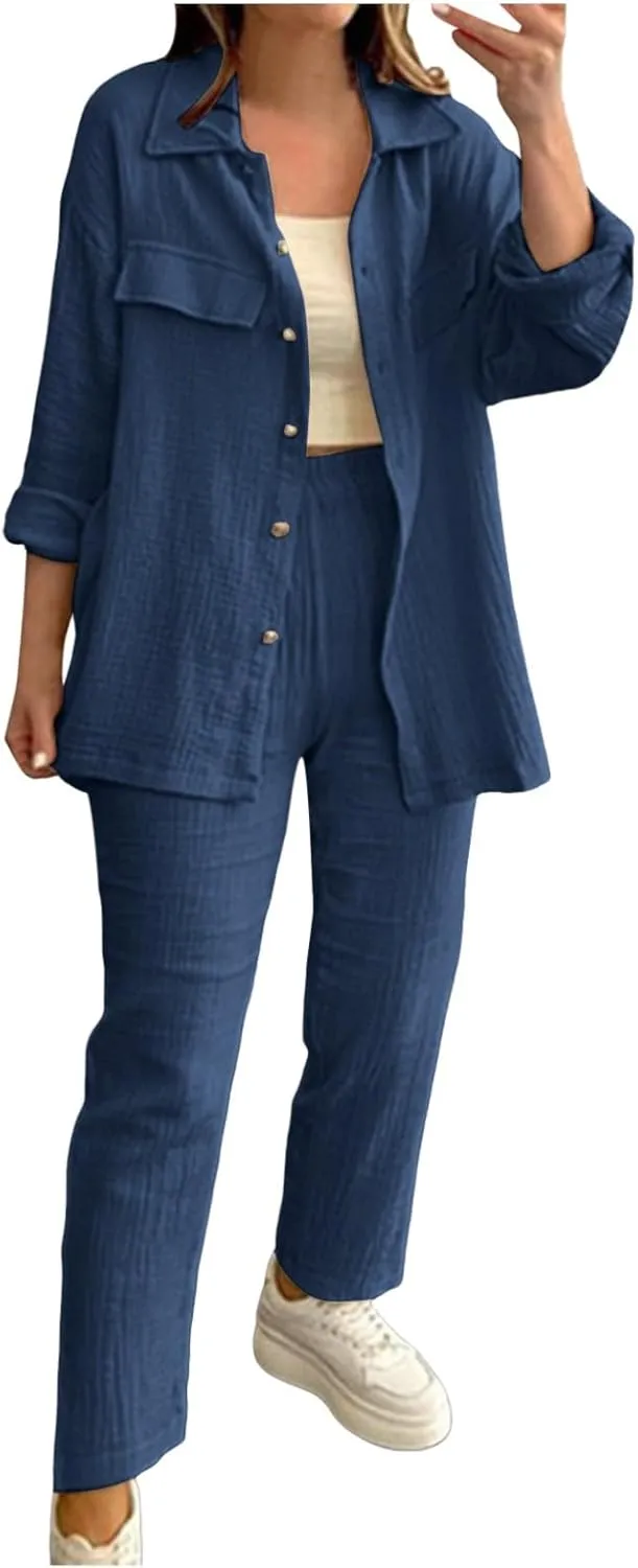 Linen Sets for Women 2 Piece Straight Wide Leg Pants Set Short Sleeve T-shirt Casual Outfits Comfy Loungewear