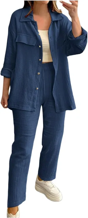 Linen Sets for Women 2 Piece Straight Wide Leg Pants Set Short Sleeve T-shirt Casual Outfits Comfy Loungewear