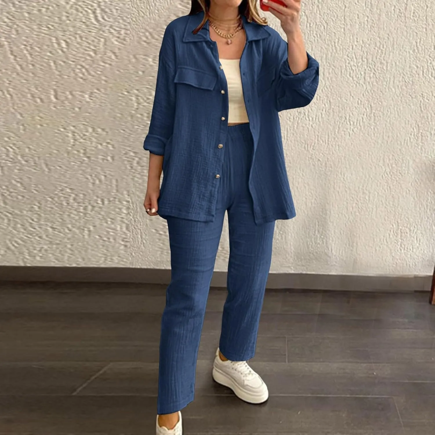Linen Sets for Women 2 Piece Straight Wide Leg Pants Set Short Sleeve T-shirt Casual Outfits Comfy Loungewear