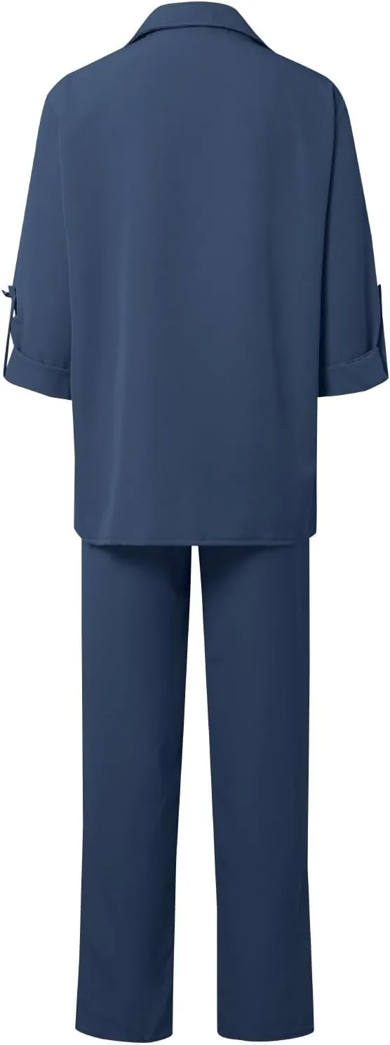 Linen Sets for Women 2 Piece Straight Wide Leg Pants Set Short Sleeve T-shirt Casual Outfits Comfy Loungewear