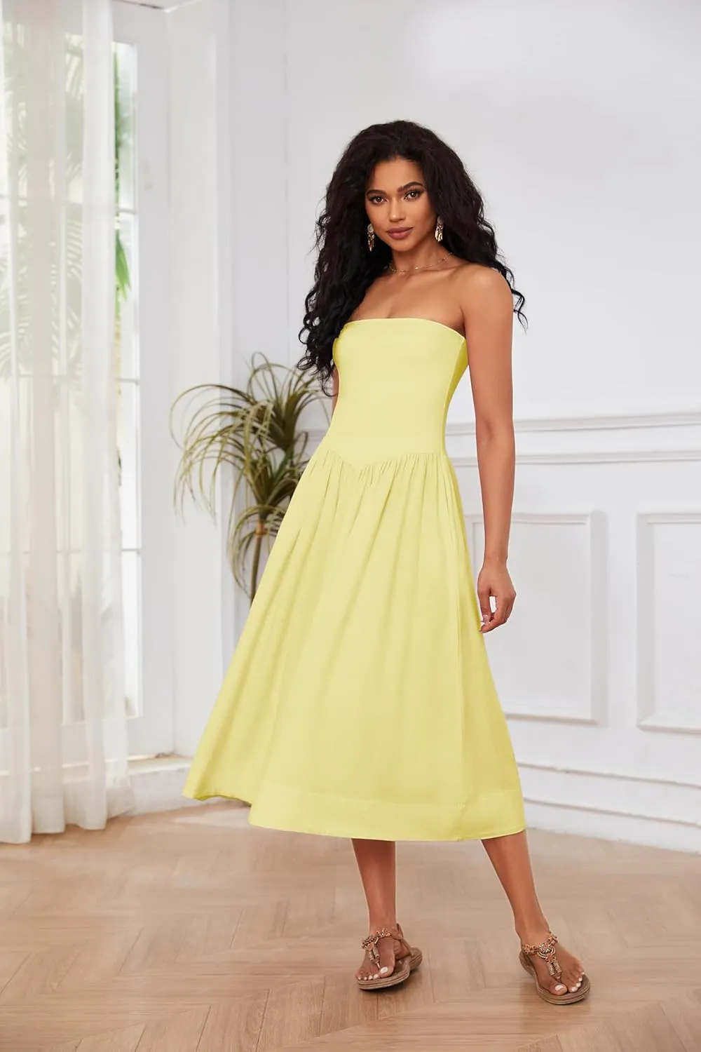 Livtany Women Off Shoulder Midi Dress Strapless Sleeveless Drop-Waist A Line Tube Dress Trendy Summer Swing Patchwork Dress