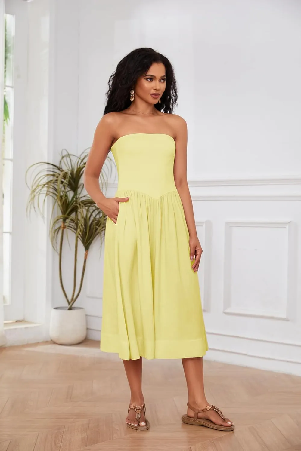Livtany Women Off Shoulder Midi Dress Strapless Sleeveless Drop-Waist A Line Tube Dress Trendy Summer Swing Patchwork Dress