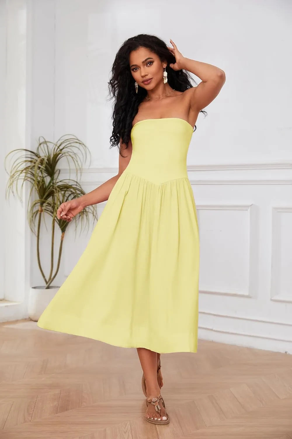 Livtany Women Off Shoulder Midi Dress Strapless Sleeveless Drop-Waist A Line Tube Dress Trendy Summer Swing Patchwork Dress