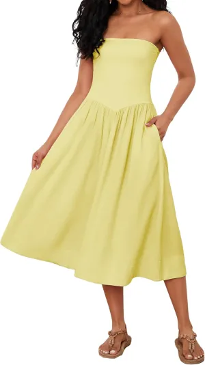 Livtany Women Off Shoulder Midi Dress Strapless Sleeveless Drop-Waist A Line Tube Dress Trendy Summer Swing Patchwork Dress