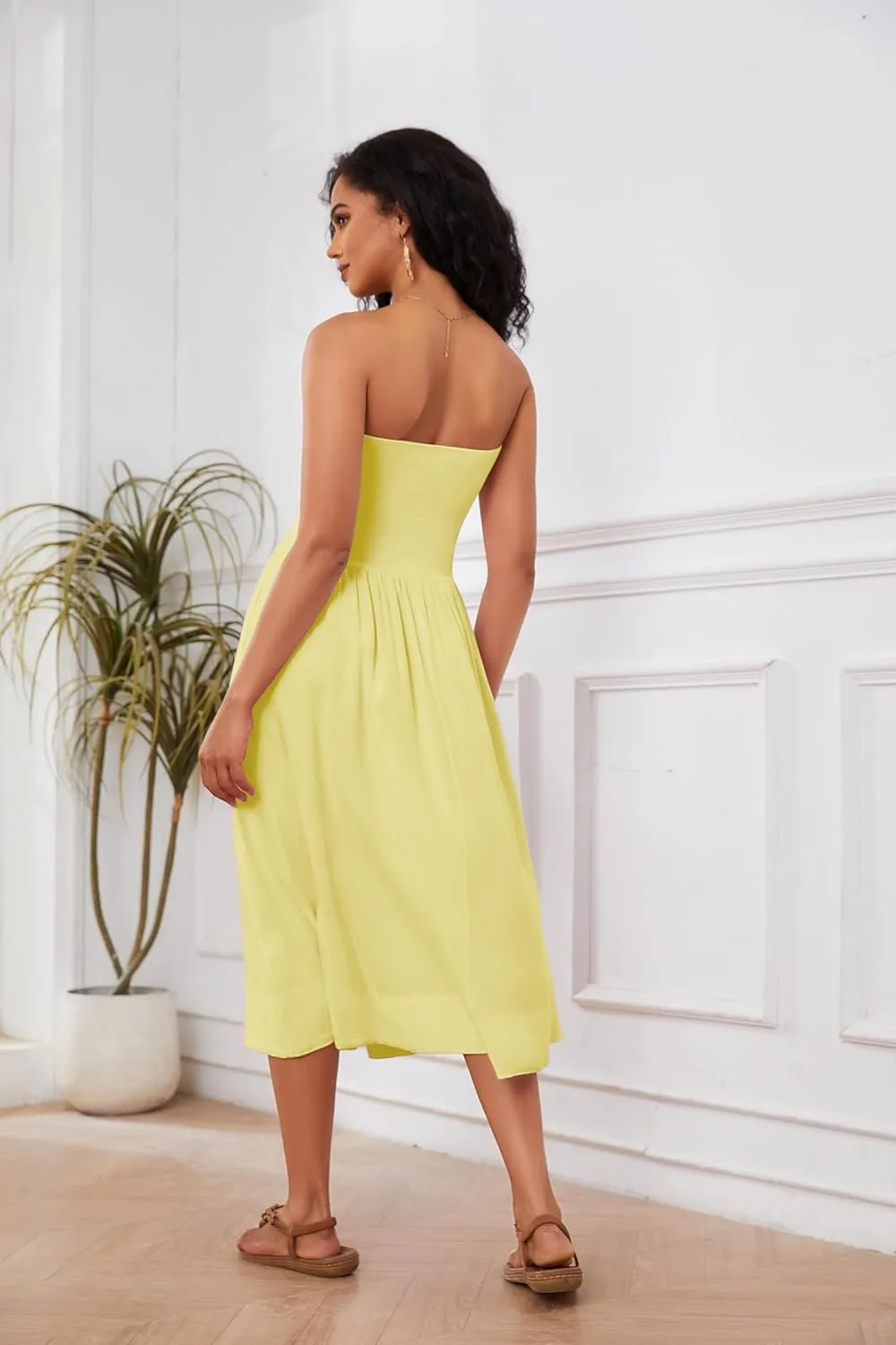 Livtany Women Off Shoulder Midi Dress Strapless Sleeveless Drop-Waist A Line Tube Dress Trendy Summer Swing Patchwork Dress