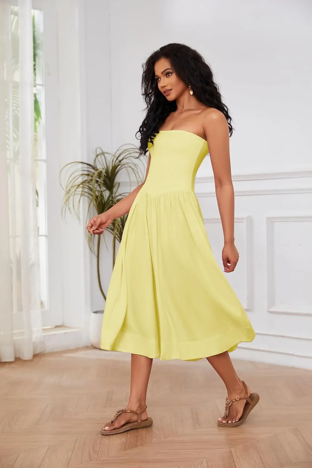 Livtany Women Off Shoulder Midi Dress Strapless Sleeveless Drop-Waist A Line Tube Dress Trendy Summer Swing Patchwork Dress