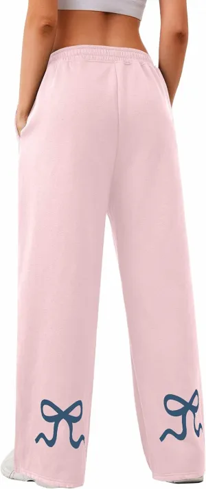 Livtany Womens Straight Leg Graphic Bow Print Sweatpants Wide Leg Elastic Waistband Lounge Pant Lounge Joggers with Pockets
