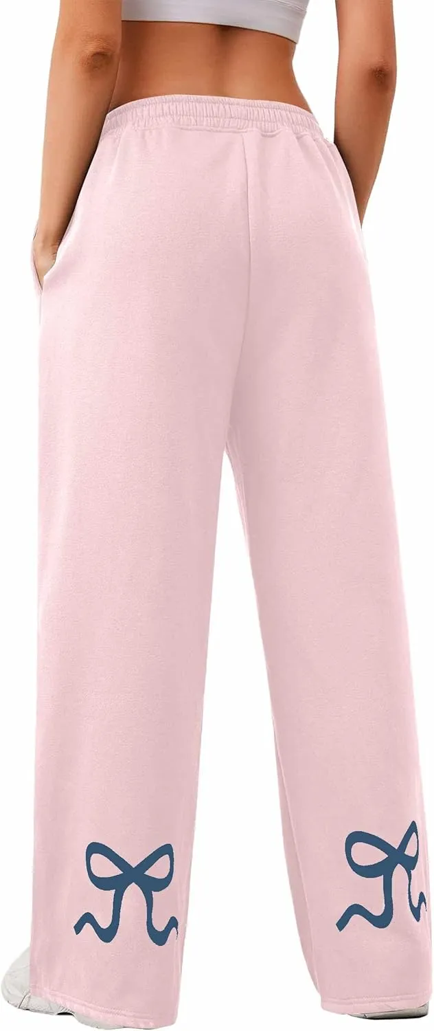 Livtany Womens Straight Leg Graphic Bow Print Sweatpants Wide Leg Elastic Waistband Lounge Pant Lounge Joggers with Pockets