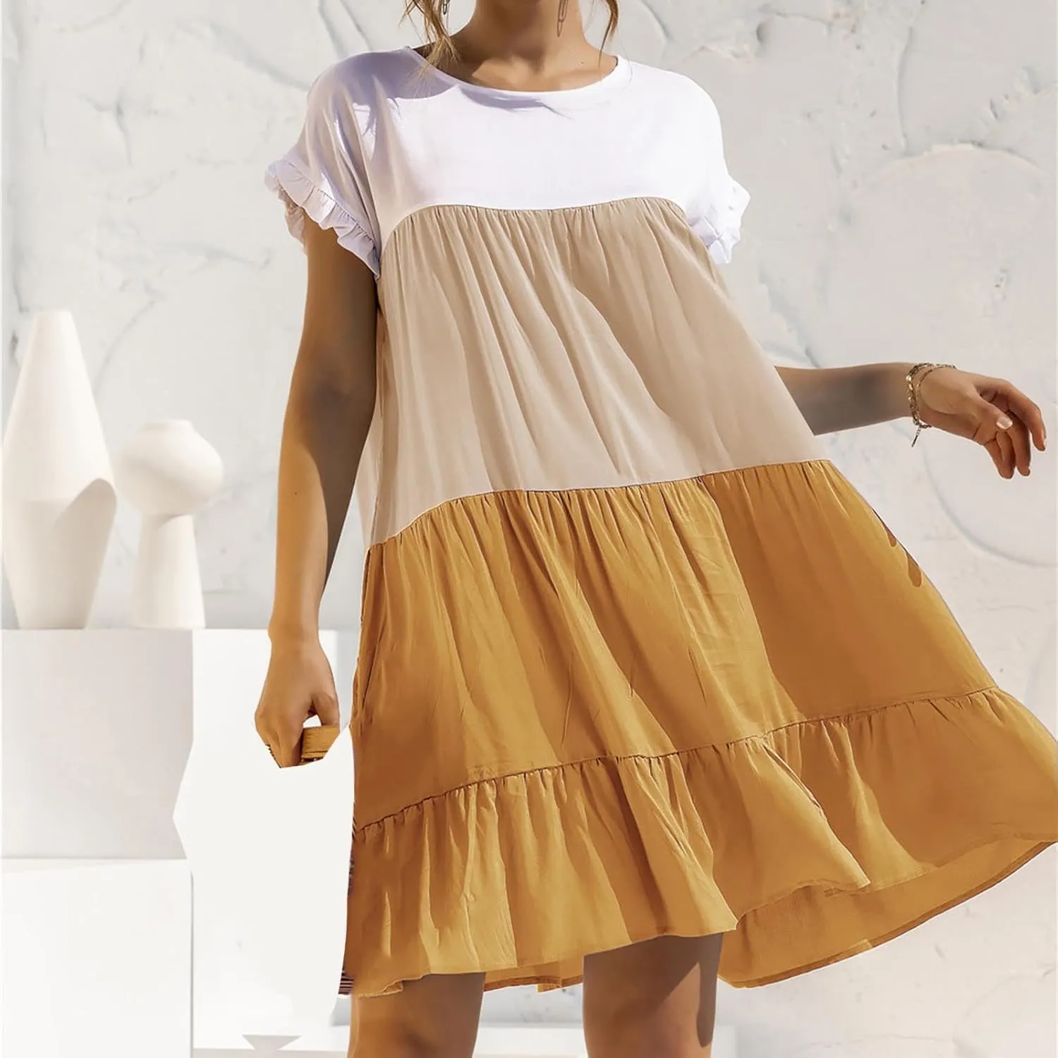 Lpmadey Womens Summer Casual Crew Neck Babydoll Dress Ruffle Sleeve Tiered A-Line Flowy Mini Beach Dresses Colorblock Dress