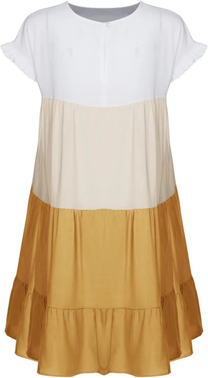 Lpmadey Womens Summer Casual Crew Neck Babydoll Dress Ruffle Sleeve Tiered A-Line Flowy Mini Beach Dresses Colorblock Dress