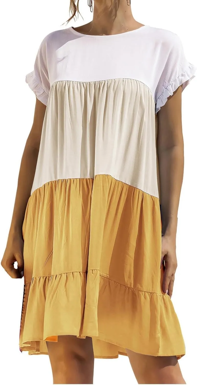 Lpmadey Womens Summer Casual Crew Neck Babydoll Dress Ruffle Sleeve Tiered A-Line Flowy Mini Beach Dresses Colorblock Dress