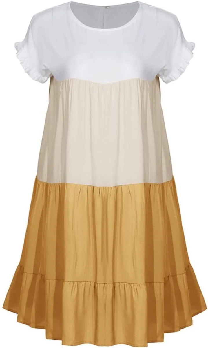 Lpmadey Womens Summer Casual Crew Neck Babydoll Dress Ruffle Sleeve Tiered A-Line Flowy Mini Beach Dresses Colorblock Dress