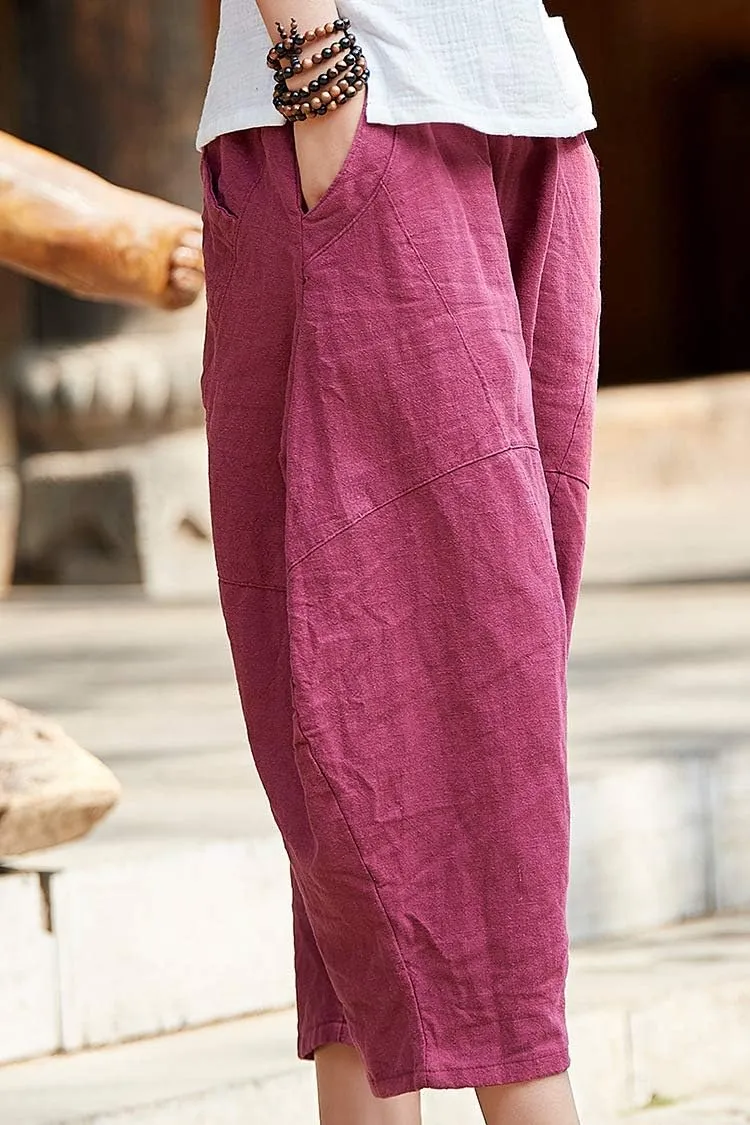 LUZU JUNU Womens Summer Cotton Linen Cropped Capri Trouser Casual Loose Wide Leg Baggy Pants