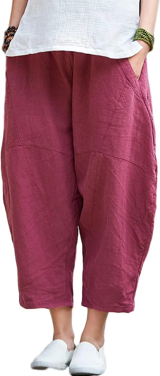 LUZU JUNU Womens Summer Cotton Linen Cropped Capri Trouser Casual Loose Wide Leg Baggy Pants