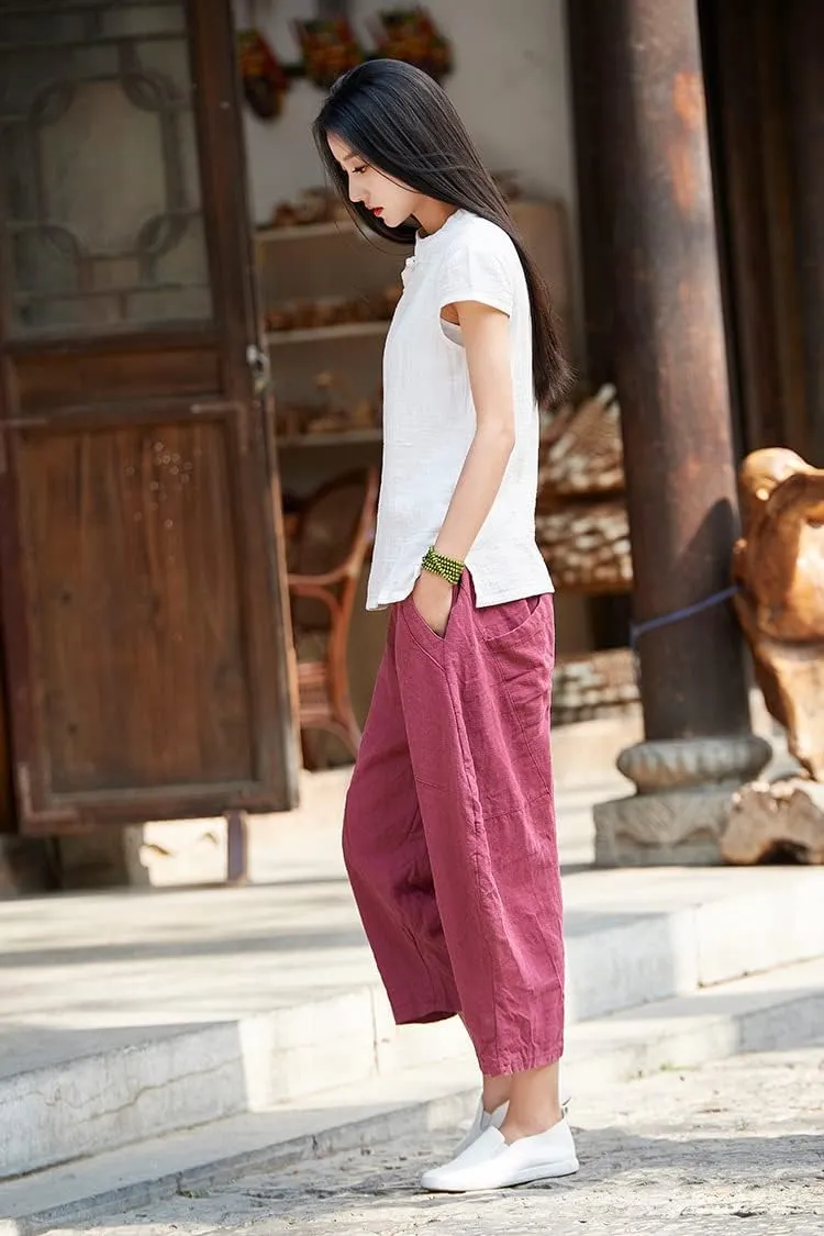 LUZU JUNU Womens Summer Cotton Linen Cropped Capri Trouser Casual Loose Wide Leg Baggy Pants