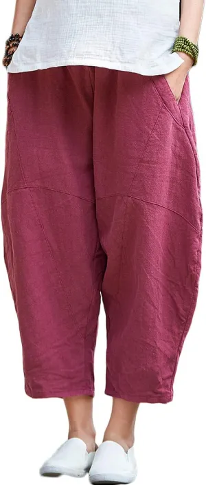 LUZU JUNU Womens Summer Cotton Linen Cropped Capri Trouser Casual Loose Wide Leg Baggy Pants