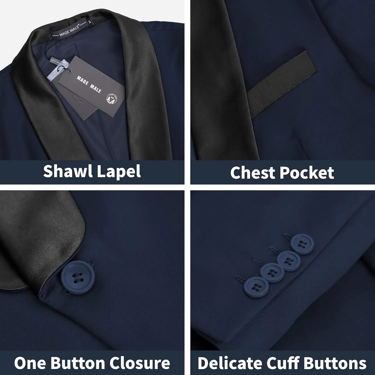 MAGE MALE Men's 3 Piece Suit Slim Fit Solid One Button Party Wedding Tuxedo Suits Blazer Jacket Vest Pants Set